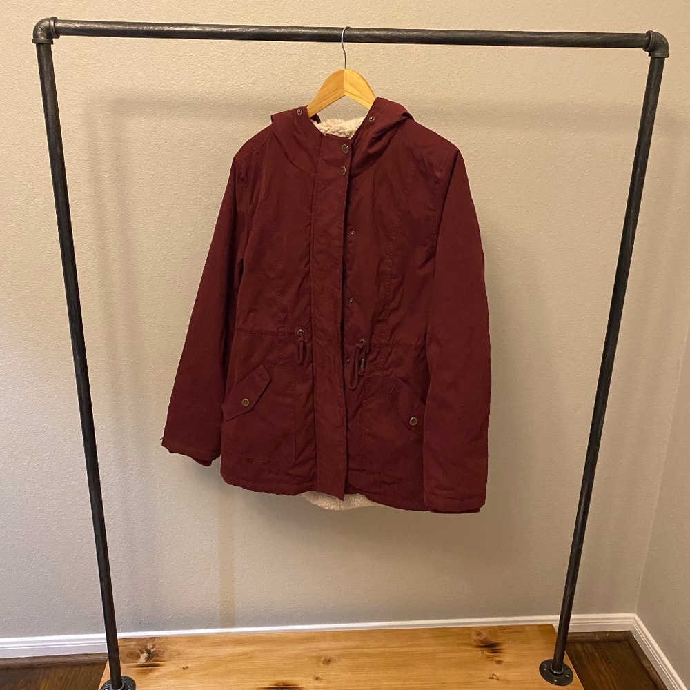 Maroon Fur-Lined Jacket- hood, water resistant